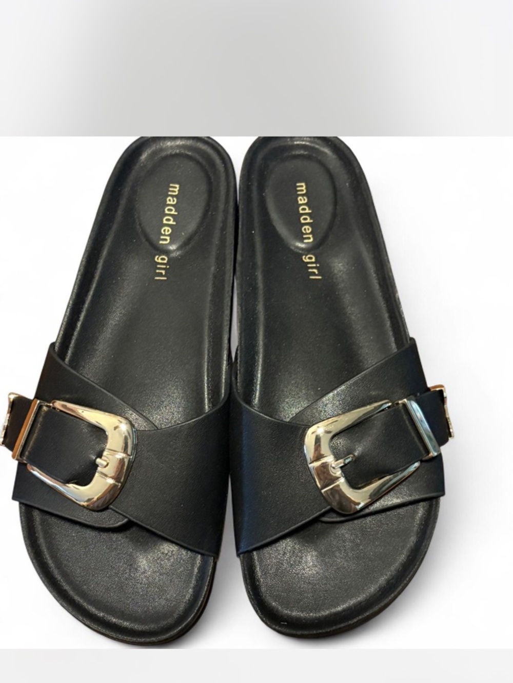 Madden Girl Black Slide Sandals with Gold Buckles